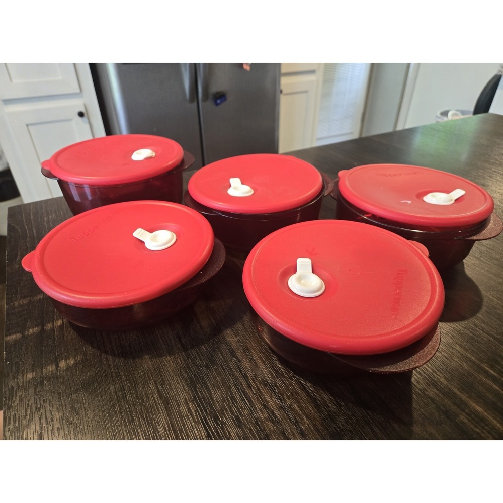 Tupperware vent n serve round Red Fridge Freezer Microwave 5 Bowls With Lids